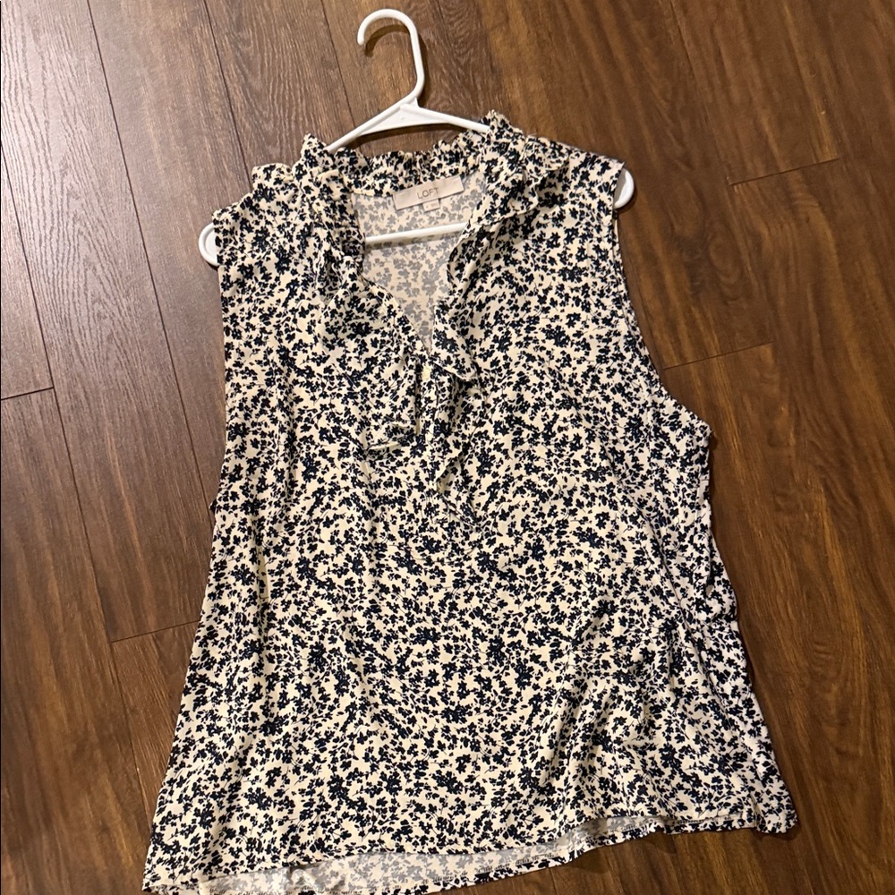LOFT Mixed Media Navy and Cream Floral Blouse